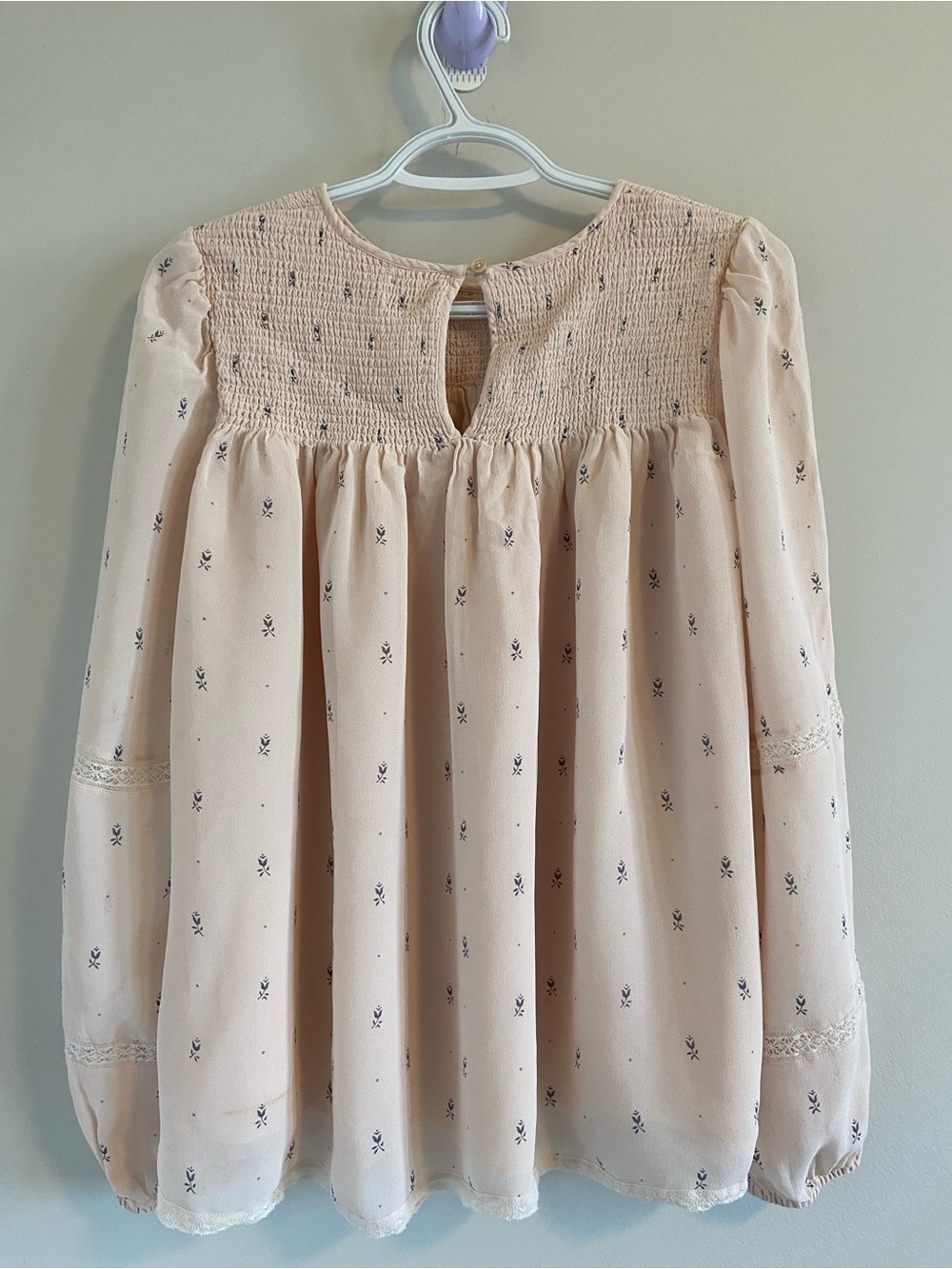 Wilfred Cream Long-Sleeve Smocked Yoke Dress with Navy Ditsy Print